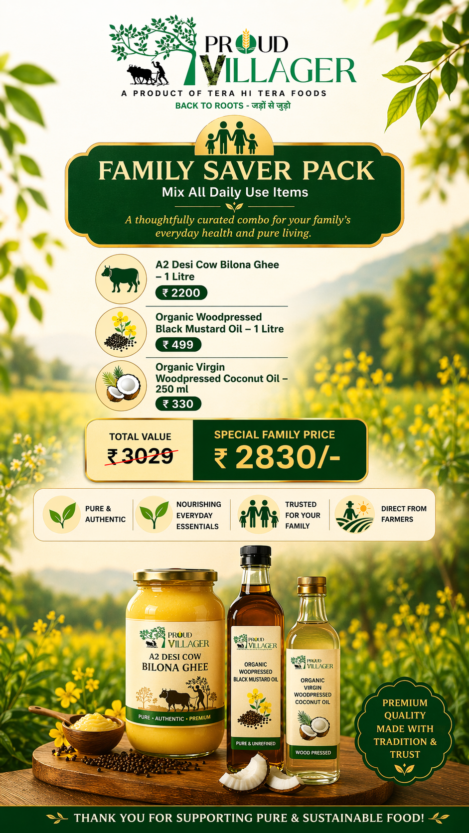 Family Saver Offer - Desi Cow Bilona Ghee + Mustard Oil + Coconut Oil