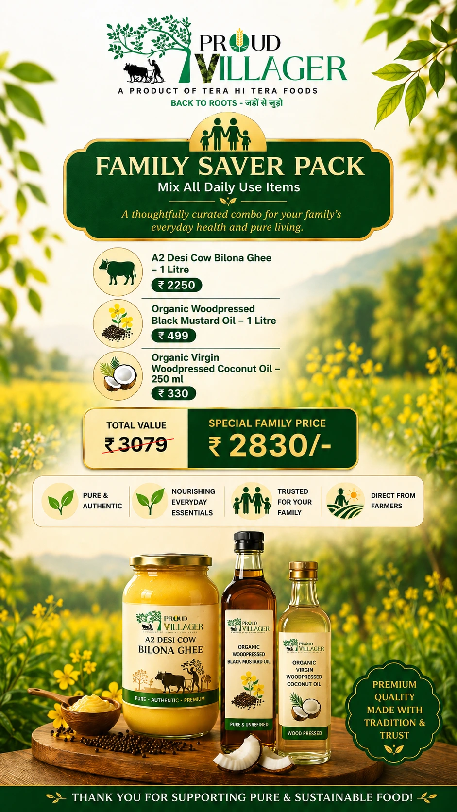 Family Saver Offer - Desi Cow Bilona Ghee + Mustard Oil + Coconut Oil