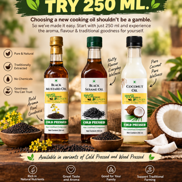 Cold / Woodpressed Mustard +Sesame + Coconut Oil – 250ml Each