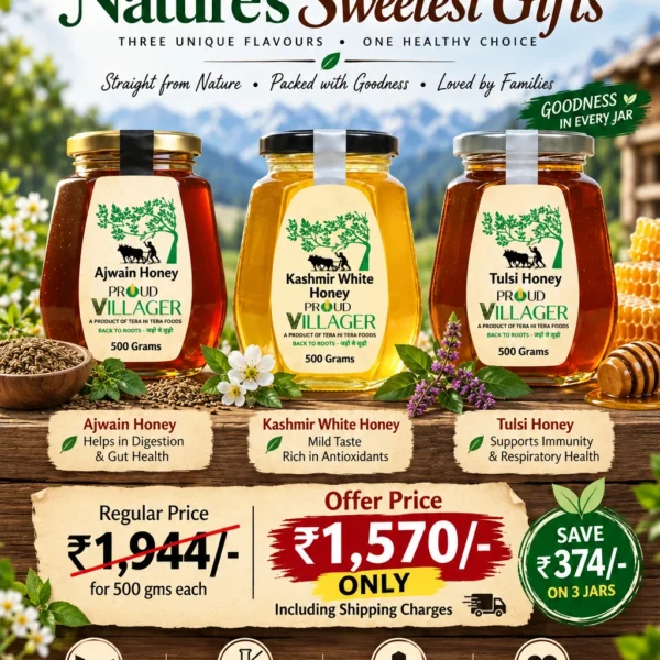 Kashmir White + Ajwain +Tulsi Honey – 500 GM Each Kashmir White + Ajwain +Tulsi Honey – 500 GM Each