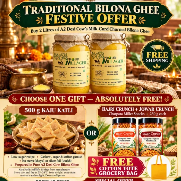 Buy 2 litres Bilona Ghee – get free 500 gm Kaju Katli or Millet snacks and Cotton Tote Grocery Bag FREE